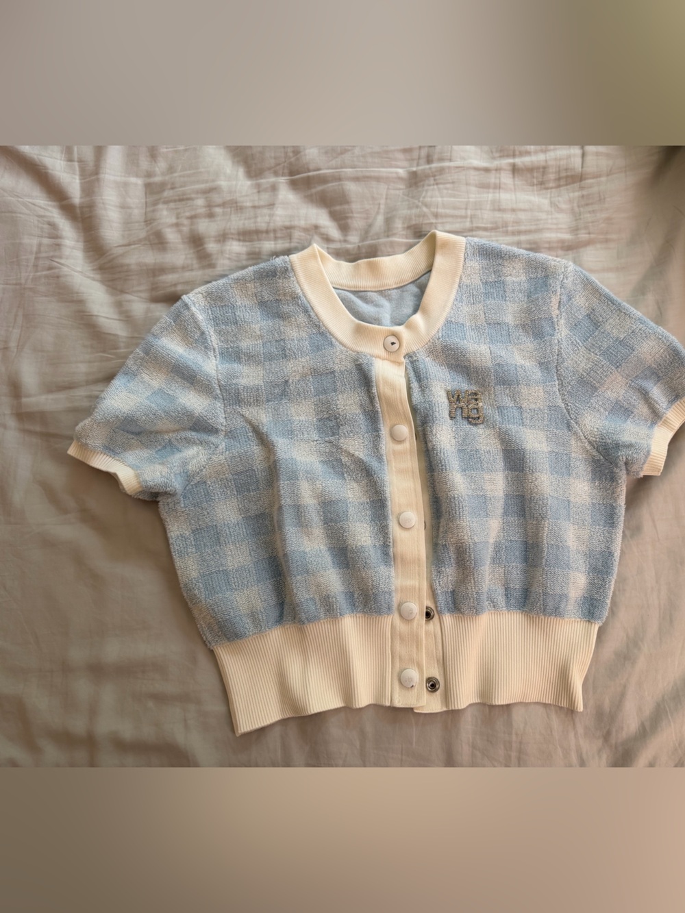 T by Alexander Wang Blue and Cream Checkered Knit Cardigan